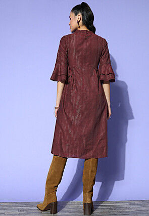 Woven Cotton Lurex Jacquard Fit N Flare Dress in Maroon