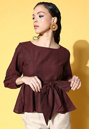 Woven Cotton Lurex Jacquard Top in Maroon