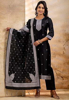 Woven Cotton Pakistani Suit in Black