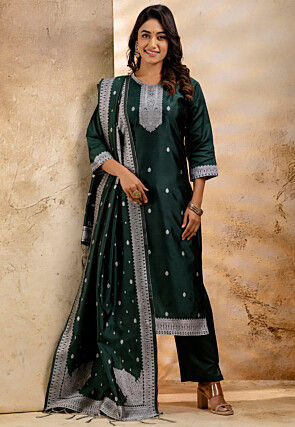 Woven Cotton Pakistani Suit in Dark Green