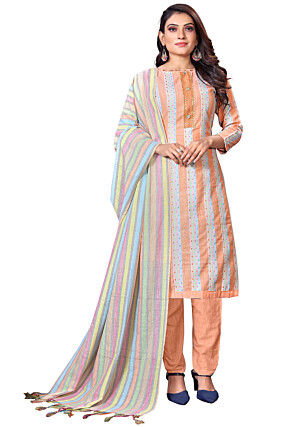 Woven Cotton Pakistani Suit in Peach
