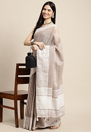 Woven Cotton Saree in Beige