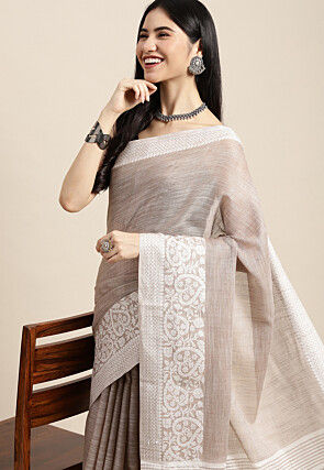Woven Cotton Saree in Beige
