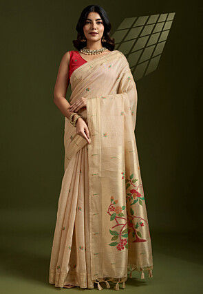 Woven Cotton Saree in Beige