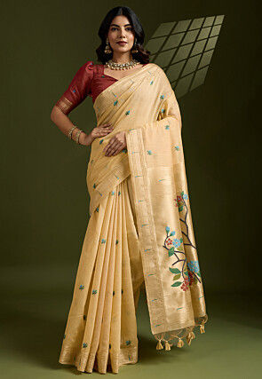 Woven Cotton Saree in Beige