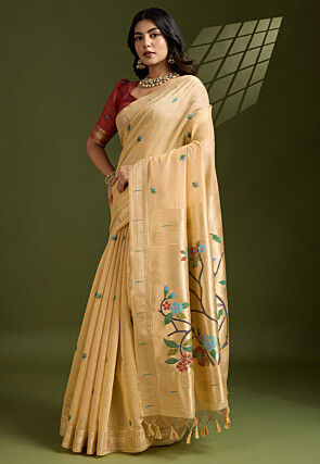 Woven Cotton Saree in Beige