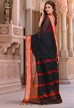 Woven Cotton Saree in Black