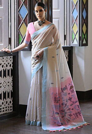 Woven Cotton Saree in Cream
