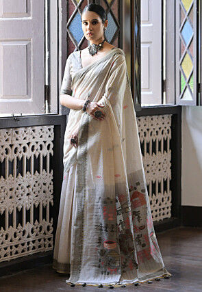 Woven Cotton Saree in Cream