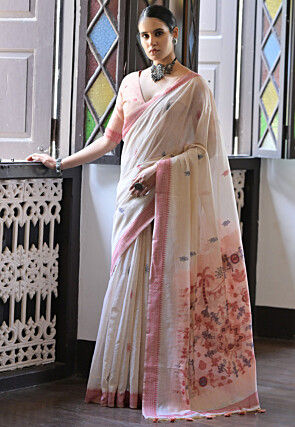Woven Cotton Saree in Cream