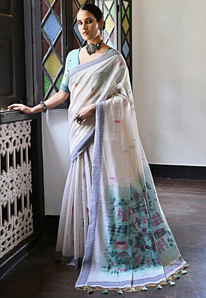 Woven Cotton Saree in Cream