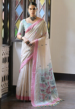 Woven Cotton Saree in Cream