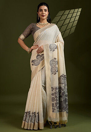 Woven Cotton Saree in Cream