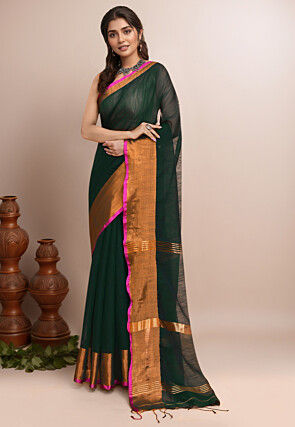 Woven Cotton Saree in Dark Green
