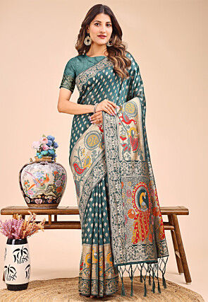 Woven Cotton Saree in Dark Teal Green