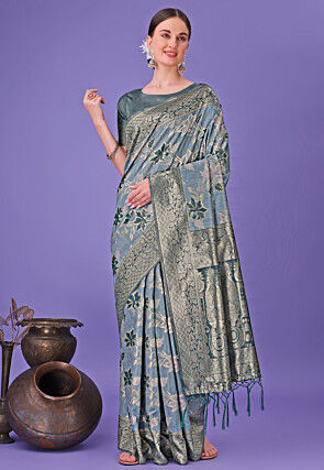 Woven Cotton Saree in Dusty Blue