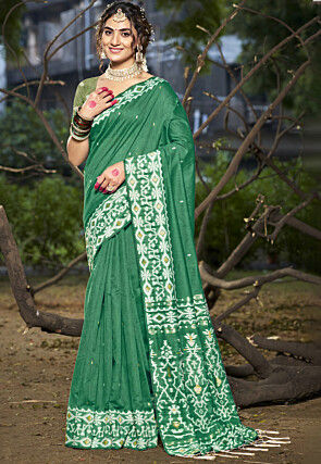 Woven Cotton Saree in Green