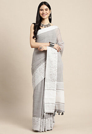 Woven Cotton Saree in Grey