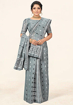 Woven Cotton Saree in Grey