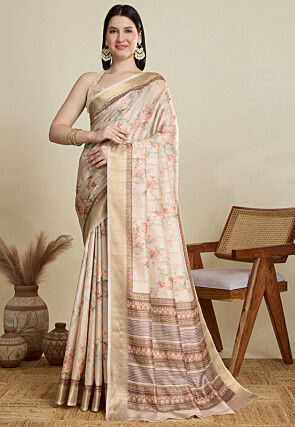 Woven Cotton Saree in Light Beige