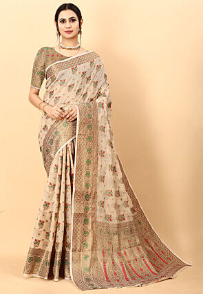 Woven Cotton Saree in Light Beige
