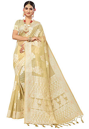 Woven Cotton Saree in Light Beige