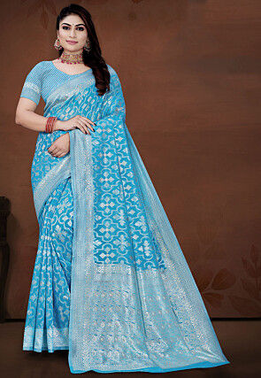 Woven Cotton Saree in Light Blue