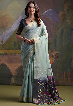 Woven Cotton Saree in Light Blue
