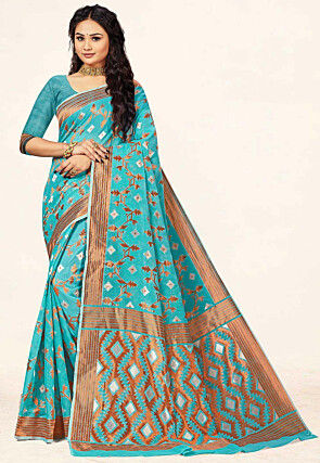 Woven Cotton Saree in Light Blue