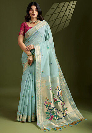 Woven Cotton Saree in Light Blue