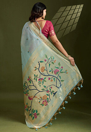 Woven Cotton Saree in Light Blue