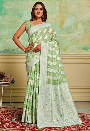 Woven Cotton Saree in Light Green