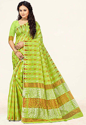 Woven Cotton Saree in Light Green