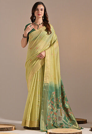 Woven Cotton Saree in Light Green