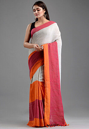 Woven Cotton Saree in Light Grey and Multicolor