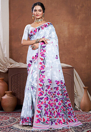 Woven Cotton Saree in Light Grey