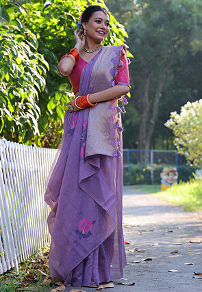 Woven Cotton Saree in Light Purple