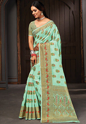 Woven Cotton Saree in Light Sea Green