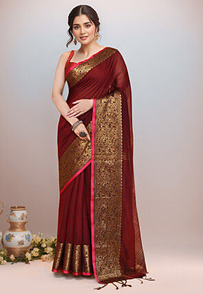 Woven Cotton Saree in Maroon