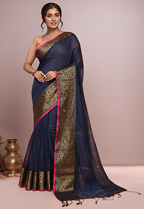 Woven Cotton Saree in Navy Blue