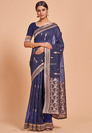 Woven Cotton Saree in Navy Blue