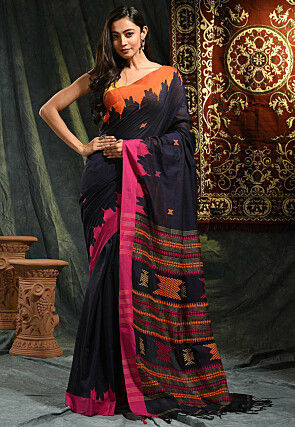Woven Cotton Saree in Navy Blue