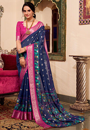 Woven Cotton Saree in Navy Blue