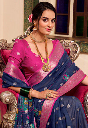 Woven Cotton Saree in Navy Blue