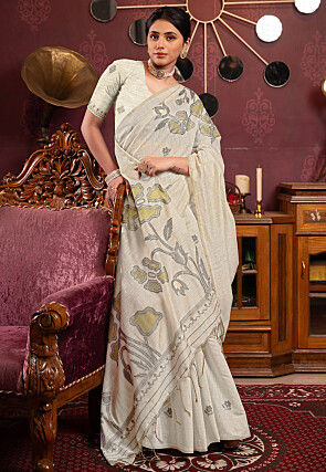 Woven Cotton Saree in Off White