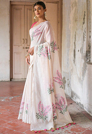 Woven Cotton Saree in Off White