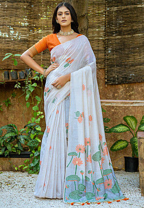 Woven Cotton Saree in Off White