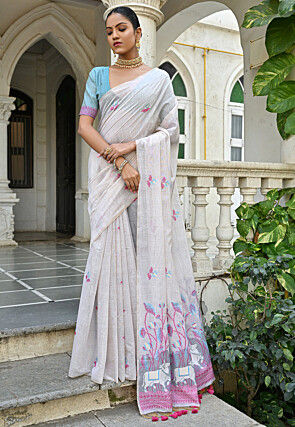Woven Cotton Saree in Off White