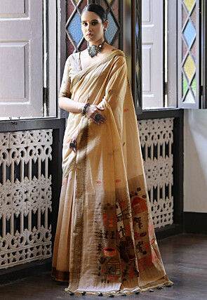 Woven Cotton Saree in Beige