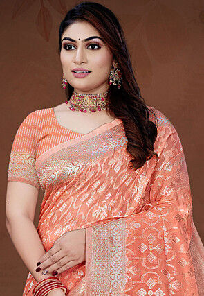 Woven Cotton Saree in Orange